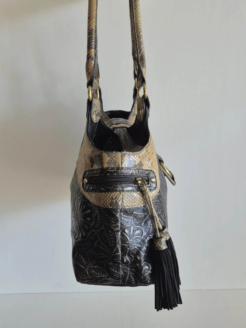 Original by Sharif 1827 Snakeskin Embossed Floral Design Large Hobo Shoulder Bag